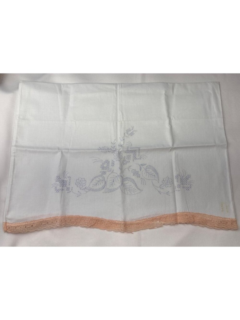 Stamped Cross Stitch Pillowcase Floral Print Peach Lace Detail 18”x26” Vintage